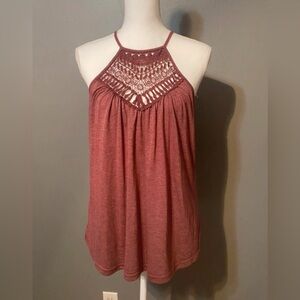 SHEIN Burgundy Halter Crochet Tank Top